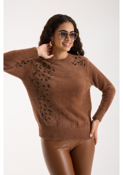 Kadın Taba Sakal Iplik Boncuk Nakışlı Bisiklet Yaka Triko Bluz indirimleri