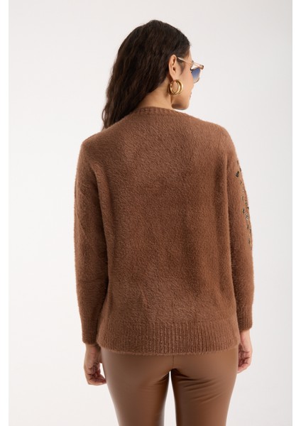 Kadın Taba Sakal Iplik Boncuk Nakışlı Bisiklet Yaka Triko Bluz