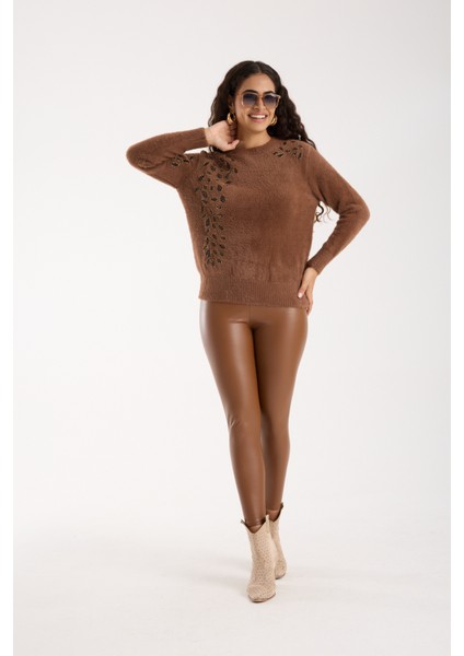 Kadın Taba Sakal Iplik Boncuk Nakışlı Bisiklet Yaka Triko Bluz