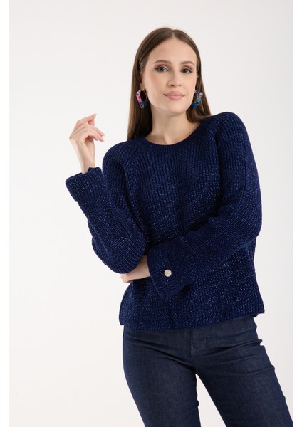 Kadın Koyu Laci Reglan Kol ve Tek Düğmeli Manşetler Bisiklet Yaka Simli Triko Kazak