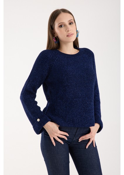 Kadın Koyu Laci Reglan Kol ve Tek Düğmeli Manşetler Bisiklet Yaka Simli Triko Kazak fiyatları