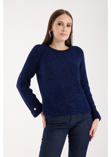 Kadın Koyu Laci Reglan Kol ve Tek Düğmeli Manşetler Bisiklet Yaka Simli Triko Kazak indirimleri