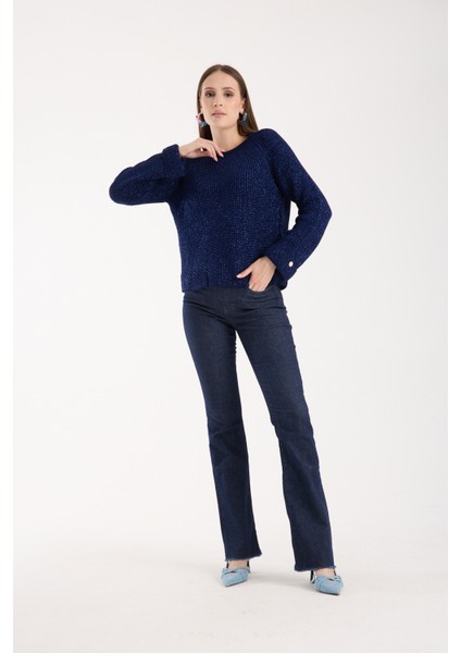 Kadın Koyu Laci Reglan Kol ve Tek Düğmeli Manşetler Bisiklet Yaka Simli Triko Kazak