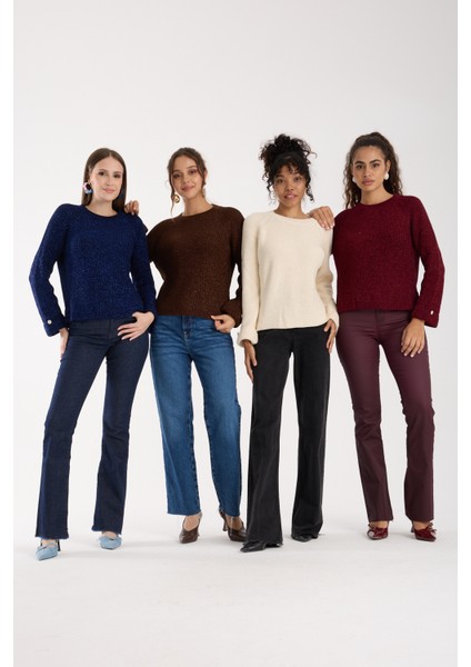 Kadın Koyu Laci Reglan Kol ve Tek Düğmeli Manşetler Bisiklet Yaka Simli Triko Kazak