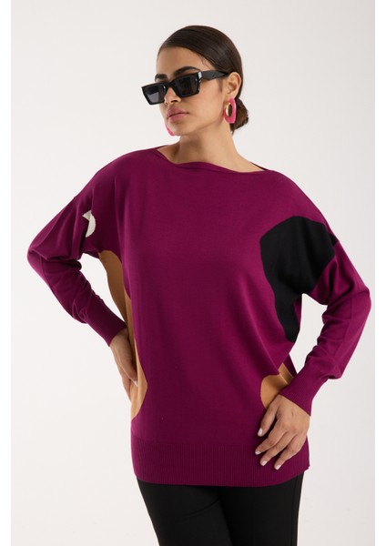 Kadın Mürdüm Viskon Kumaş Renk Bloklu Kayık Yaka Triko Bluz