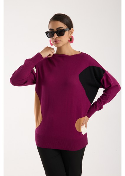 Kadın Mürdüm Viskon Kumaş Renk Bloklu Kayık Yaka Triko Bluz fiyatları