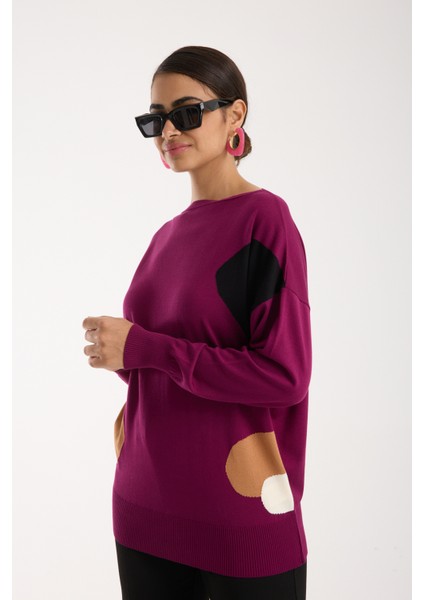 Kadın Mürdüm Viskon Kumaş Renk Bloklu Kayık Yaka Triko Bluz modelleri