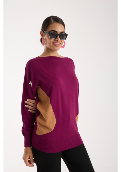 Kadın Mürdüm Viskon Kumaş Renk Bloklu Kayık Yaka Triko Bluz fırsatları