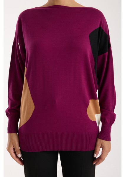 Kadın Mürdüm Viskon Kumaş Renk Bloklu Kayık Yaka Triko Bluz indirimleri