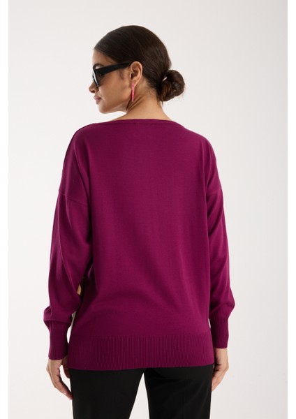 Kadın Mürdüm Viskon Kumaş Renk Bloklu Kayık Yaka Triko Bluz