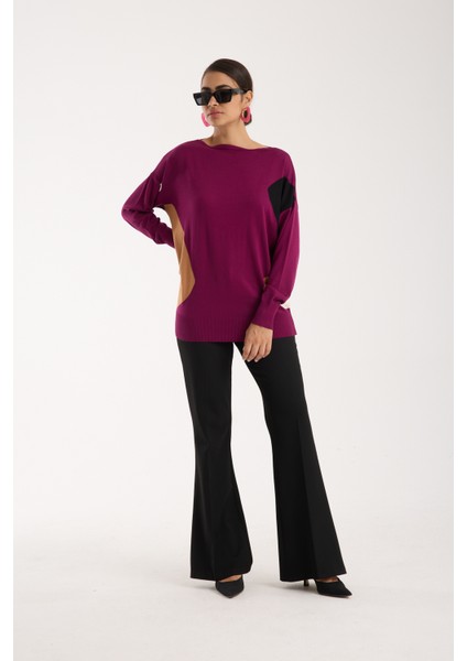 Kadın Mürdüm Viskon Kumaş Renk Bloklu Kayık Yaka Triko Bluz