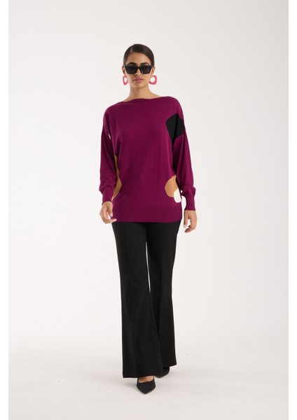 Kadın Mürdüm Viskon Kumaş Renk Bloklu Kayık Yaka Triko Bluz