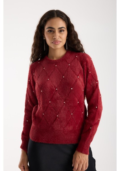 Kadın Bordo Sakal Iplik Taş Detaylı Bisiklet Yaka Triko Kazak