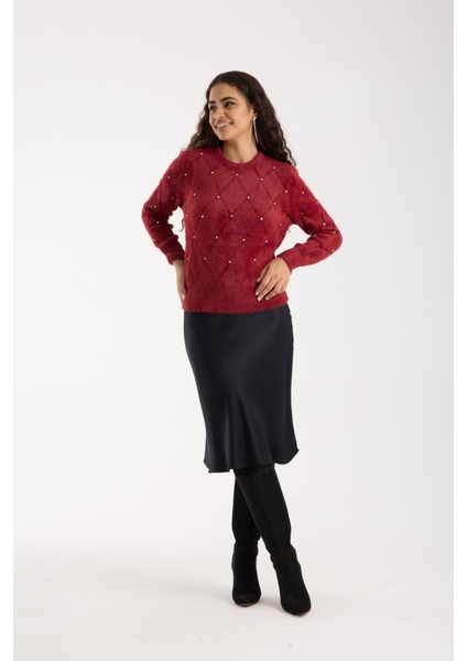Kadın Bordo Sakal Iplik Taş Detaylı Bisiklet Yaka Triko Kazak fiyatları