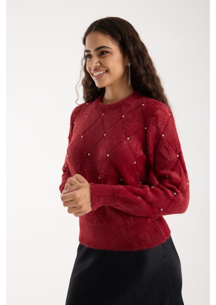 Kadın Bordo Sakal Iplik Taş Detaylı Bisiklet Yaka Triko Kazak modelleri