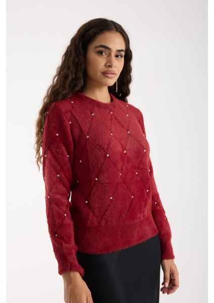 Kadın Bordo Sakal Iplik Taş Detaylı Bisiklet Yaka Triko Kazak fırsatları