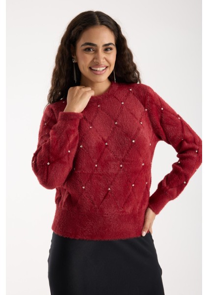 Kadın Bordo Sakal Iplik Taş Detaylı Bisiklet Yaka Triko Kazak indirimleri
