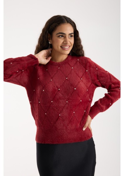 Kadın Bordo Sakal Iplik Taş Detaylı Bisiklet Yaka Triko Kazak