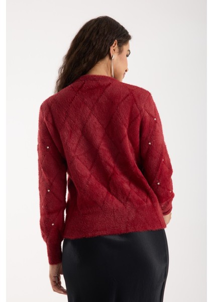 Kadın Bordo Sakal Iplik Taş Detaylı Bisiklet Yaka Triko Kazak