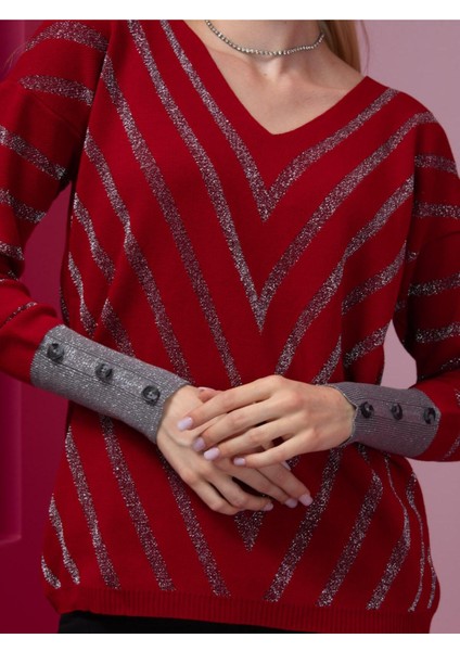 V Yaka Çizgili Kırmızı Kadın Kazak fiyatları