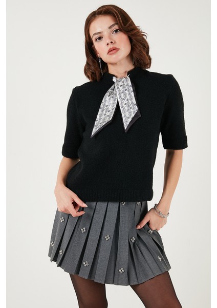 Yün Karışımlı Regular Fit Fularlı Yaka Kısa Kollu Triko Kazak Bayan Kazak 4617023