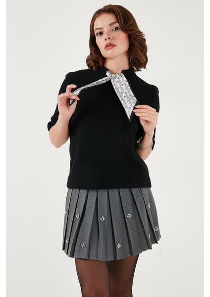 Yün Karışımlı Regular Fit Fularlı Yaka Kısa Kollu Triko Kazak Bayan Kazak 4617023 fırsatları