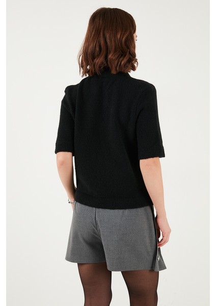 Yün Karışımlı Regular Fit Fularlı Yaka Kısa Kollu Triko Kazak Bayan Kazak 4617023