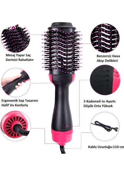 Pratik Profesyonel Hava Üflemeli Saç Kurutma ve Şekillendirici Fön Fırçası Tarak Profesyonel