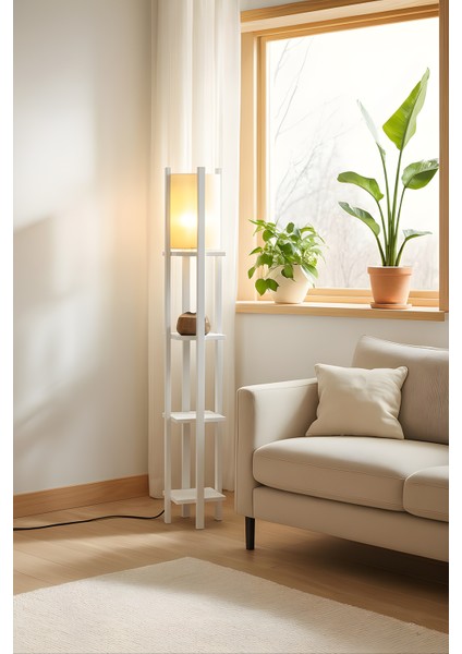 Modern Metal Gövdeli-Raflı Dekoratif Ayaklı Lambader – 22X22X145