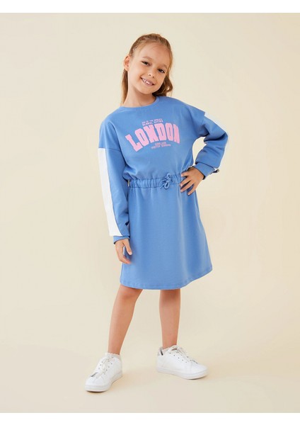 Lcw Kids Mavi Bisiklet Yaka Baskılı Uzun Kollu Kız Çocuk Elbise