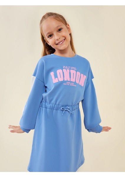 Lcw Kids Mavi Bisiklet Yaka Baskılı Uzun Kollu Kız Çocuk Elbise modelleri