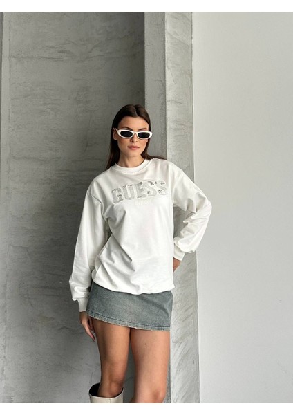 Üçgen Yazı Taşlı Uzun Kol Sweatshirt