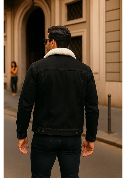 Erkek Kışlık Günlük Içi Kürk Klasik Siyah Kot Ceket