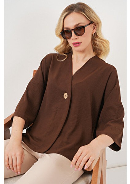 Kadın Kısa Kol Oversize Kimono 5969 - Kahverengi