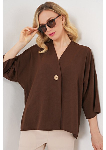 Kadın Kısa Kol Oversize Kimono 5969 - Kahverengi modelleri
