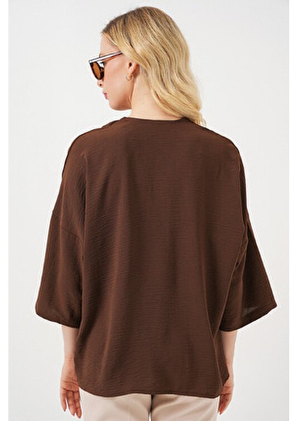 Kadın Kısa Kol Oversize Kimono 5969 - Kahverengi