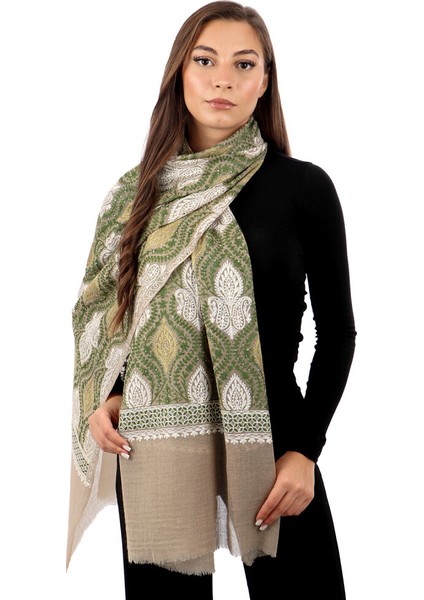 Sütlü Kahve Yeşil Taşlı Işlemeli Yün Ipek Şal