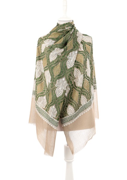 Sütlü Kahve Yeşil Taşlı Işlemeli Yün Ipek Şal fiyatları