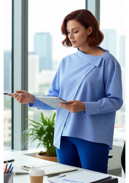 Kadın Için Asimetrik Yaka Çizgili Dokuma Gömlek Modern Şıklık ve Konforu Bir Arada Sunar Şık modelleri