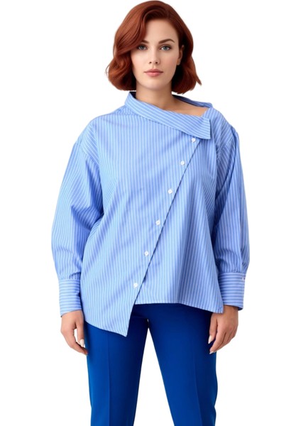 Kadın Için Asimetrik Yaka Çizgili Dokuma Gömlek Modern Şıklık ve Konforu Bir Arada Sunar Şık fırsatları