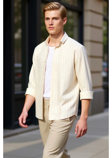 Erkek Regular Kesim Çizgili Pamuk Viskon Keten Karışımlı Nefes Alabilen Uzun Kollu Gömlek Şık