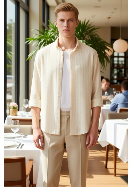 Erkek Regular Kesim Çizgili Pamuk Viskon Keten Karışımlı Nefes Alabilen Uzun Kollu Gömlek Şık fiyatları
