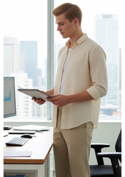 Erkek Regular Kesim Çizgili Pamuk Viskon Keten Karışımlı Nefes Alabilen Uzun Kollu Gömlek Şık modelleri