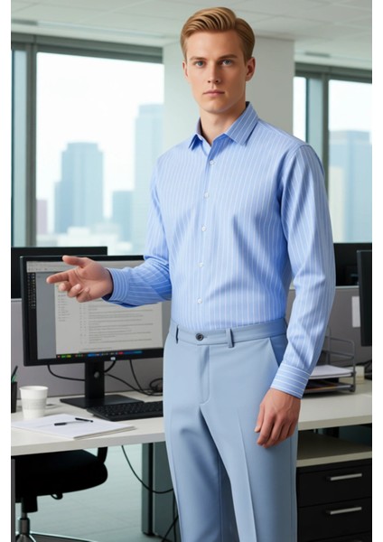 Erkek Giyim Koleksiyonunun Zamansiz Parcası Cizgili Dokuma Kumas Regular Fit Gomlek Modern fırsatları