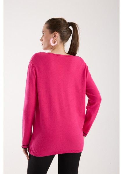 Kadın Fuşya Kontrast Biyeli ve Yan Yırtmaçlı V Yaka Triko Bluz fırsatları