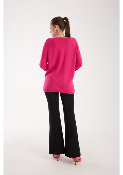 Kadın Fuşya Kontrast Biyeli ve Yan Yırtmaçlı V Yaka Triko Bluz