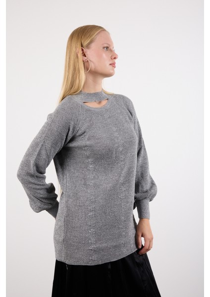 Kadın Gri Reglan Balon Kollu Choker Yaka Simli Triko Kazak fiyatları