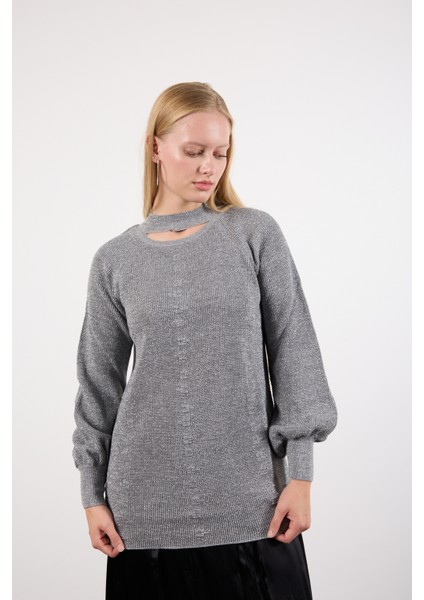 Kadın Gri Reglan Balon Kollu Choker Yaka Simli Triko Kazak modelleri