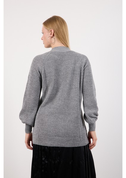 Kadın Gri Reglan Balon Kollu Choker Yaka Simli Triko Kazak indirimleri