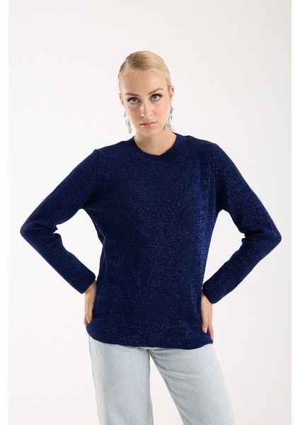 Kadın Koyu Laci Selanik Örgü Bisiklet Yaka Simli Triko Kazak